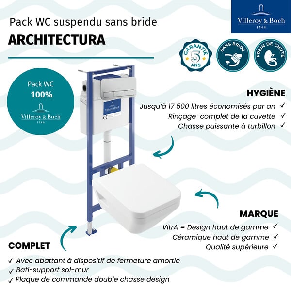 VILLEROY ET BOCH - Pack WC suspendu sans bride Architectura Twistflush [e³] rectangle + bâti-support sol et mur + plaque chrome mat - large
