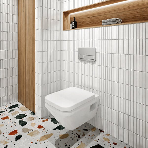 VILLEROY ET BOCH - Pack WC suspendu sans bride Architectura Twistflush [e³] rectangle + bâti-support sol et mur + plaque chrome mat - large