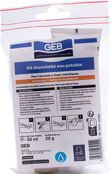 GEB - Pâte à joint eau potable + filasse pour raccords filetés métalliques - large