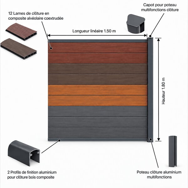 MCCOVER - Kit complet extension clôture en composite coextrudé 1,50 L x 1,80 H Chêne foncé, H.180 cm, L.150 cm - large