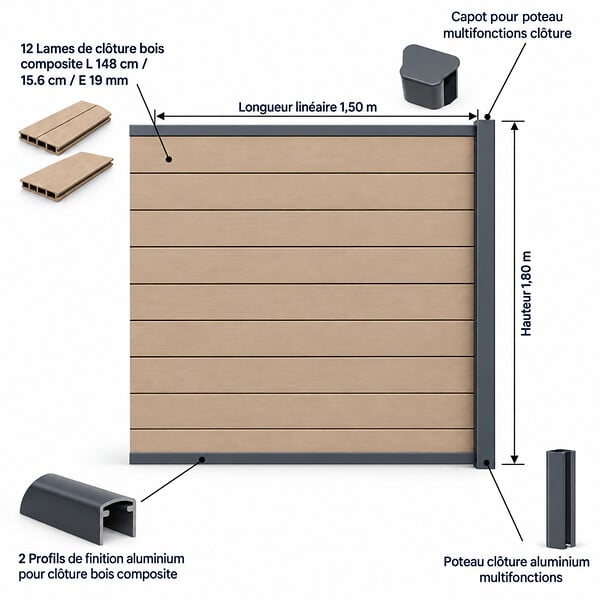 MCCOVER - kit extension complet pour clôture composite 1,50 ML x 1,80 H Beige clair, H.180 cm, L.150 cm - large