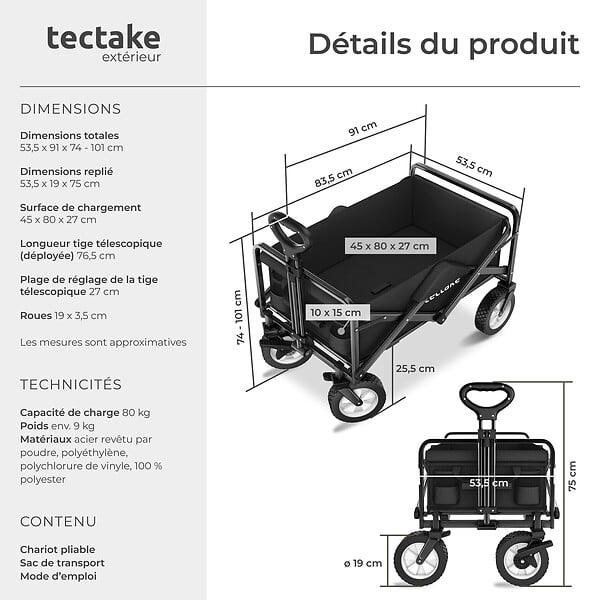 TECTAKE - Chariot pliable LEON avec freins, capacité de charge 80kg noir - large