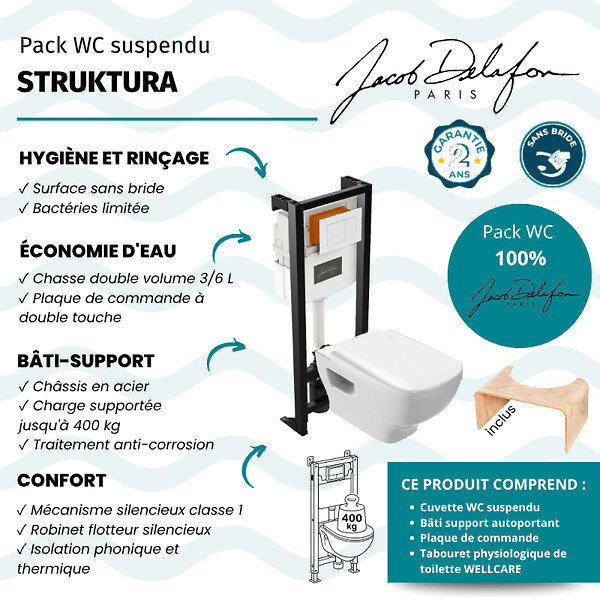 JACOB DELAFON - Pack WC suspendu sans bride Struktura+ bâti-support + plaque blanc + tabouret bois - large