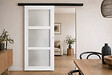 GD MENUISERIES - Porte Coulissante Kenya Blanc Vitrée H204 X L93 cm, Rail Alu Bandeau Noir, 2 Coquilles Blanc - vignette