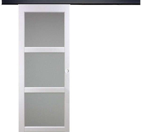 GD MENUISERIES - Porte Coulissante Kenya Blanc Vitrée H204 X L93 cm, Rail Alu Bandeau Noir, 2 Coquilles Blanc - large