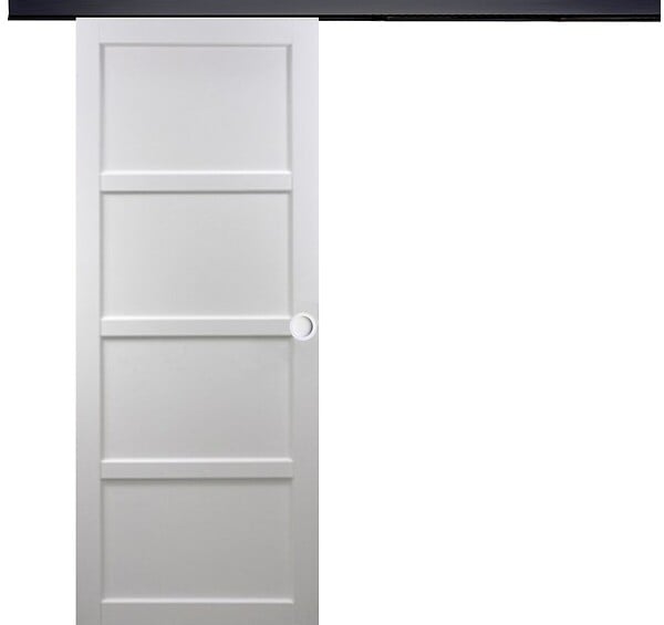 GD MENUISERIES - Porte Coulissante Tamera blanc 4 panneaux H204 x L63 cm, Rail Alu bandeau noir, Coquilles blanc - large