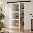 GD MENUISERIES - Porte Coulissante Kenya Blanc Vitrage transparent H204 x L83 cm, Rail Alu bandeau noir, Coquilles blanc - vignette