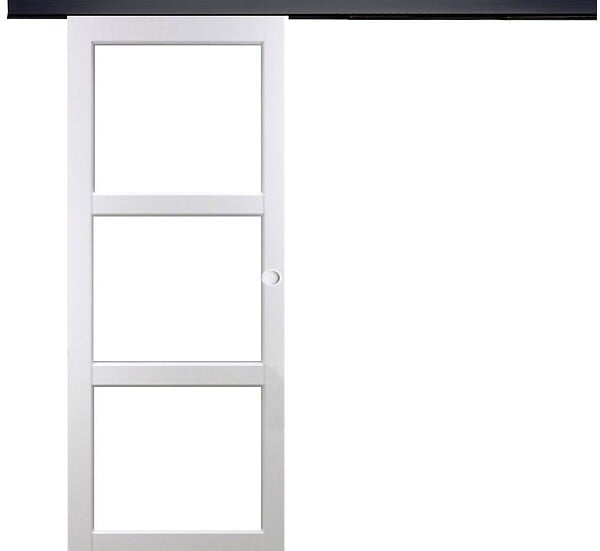 GD MENUISERIES - Porte Coulissante Kenya Blanc Vitrage transparent H204 x L83 cm, Rail Alu bandeau noir, Coquilles blanc - large