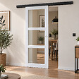 GD MENUISERIES - Porte Coulissante Kenya Blanc Vitrage transparent H204 x L73 cm, Rail Alu bandeau noir, Coquilles blanc - vignette