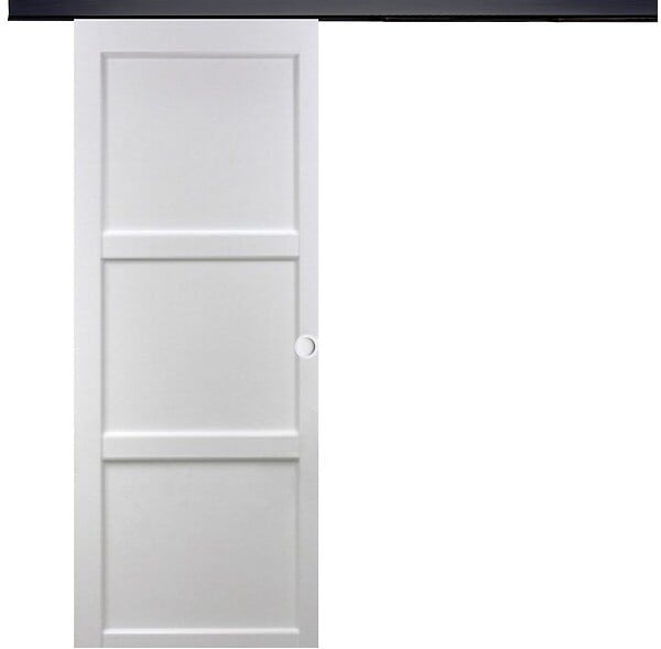 GD MENUISERIES - Porte Coulissante Korya Blanc 3 panneaux H204 x L93 cm, Rail Alu bandeau noir, Coquilles blanc - large