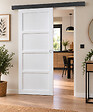GD MENUISERIES - Porte Coulissante Tamera blanc 4 panneaux H204 x L93 cm, Rail Alu bandeau noir, Coquilles blanc - vignette