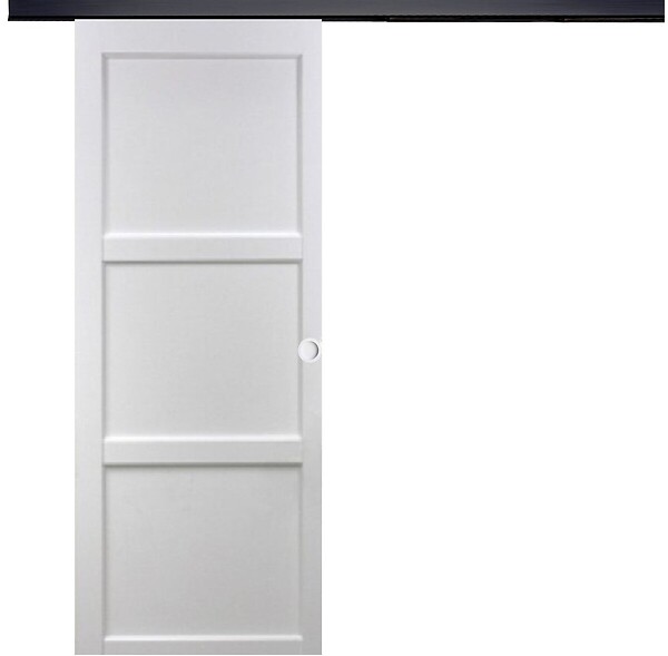 GD MENUISERIES - Porte Coulissante Korya Blanc 3 panneaux H204 x L83 cm, Rail Alu bandeau noir, Coquilles blanc - large
