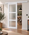 GD MENUISERIES - Porte Coulissante Kenya Blanc Vitrée H204 X L93 cm, Rail Alu Bandeau Blanc, Coquilles Blanc - vignette