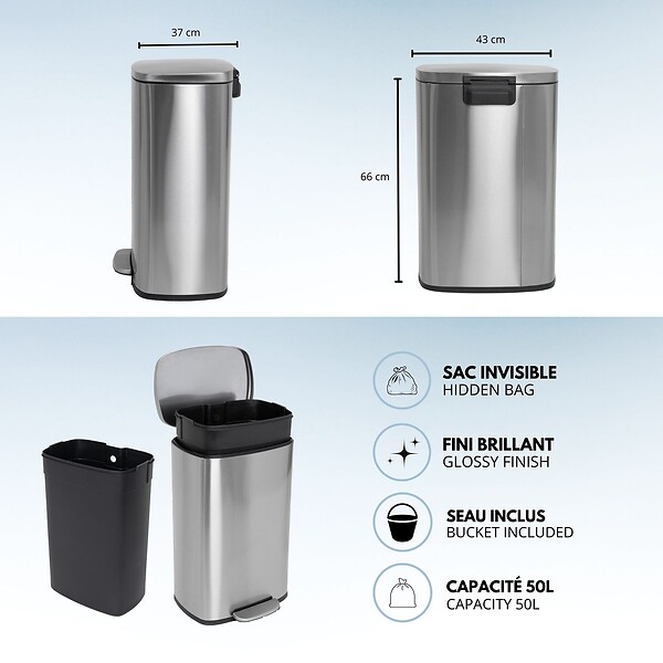 KITCHEN MOVE - Poubelle à pédale inox ADMIRAL argent 50L - large