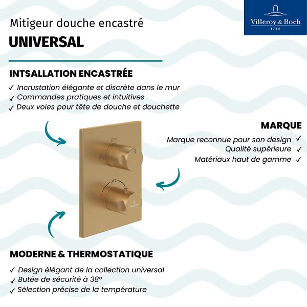 VILLEROY ET BOCH - Mitigeur thermostatique encastré 2 voies  Universal rectangle Or brossé - large