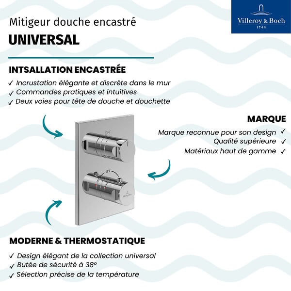 VILLEROY ET BOCH - Mitigeur thermostatique encastré 2 voies  Universal rectangle Chrome - large