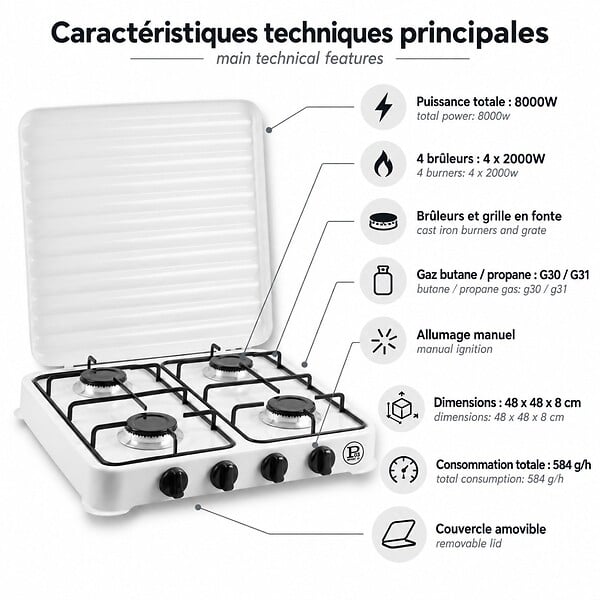 INTEC - Plaque de cuisson gaz 4 feux 8000W Réchaud à gaz portable Blanc Gaz Butane ou Propane Bruleurs grille Fonte amovibles INTEC - large