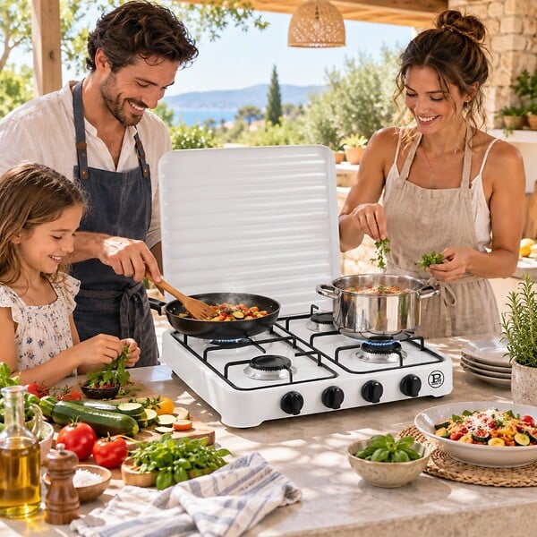 INTEC - Plaque de cuisson gaz 4 feux 8000W Réchaud à gaz portable Blanc Gaz Butane ou Propane Bruleurs grille Fonte amovibles INTEC - large