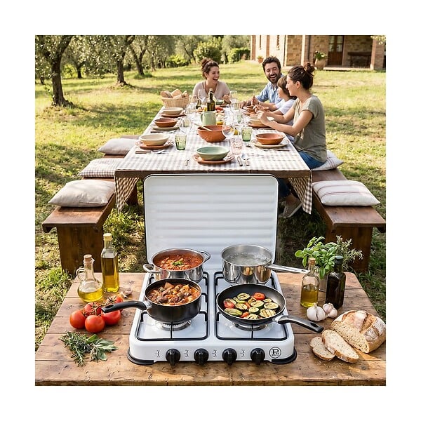 INTEC - Plaque de cuisson gaz 4 feux 8000W Réchaud à gaz portable Blanc Gaz Butane ou Propane Bruleurs grille Fonte amovibles INTEC - large