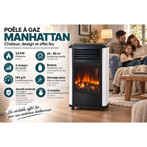 SAHARA - Pack 2 Poêles à gaz 3.4KW Manhattan Blanc Effet feu de bois 3 niveaux de chauffe 40-80m2 Sahara - large