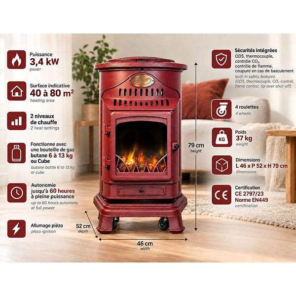 SAHARA - Pack de 2 Poêles à gaz Rouge Provence en fonte 3,4KW Effet feu de bois Chauffage d'appoint gaz sur roues Sahara - large