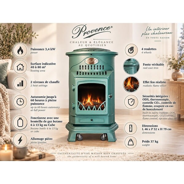 SAHARA - Pack de 2 Poêles à gaz Provence Vert en fonte 3,4KW Effet feu de bois Chauffage d'appoint gaz sur roues Sahara - large