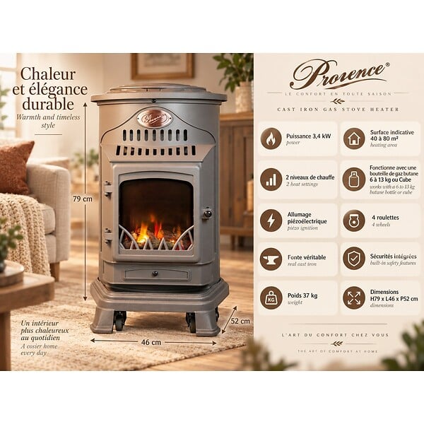 SAHARA - Pack de 2 poêles à gaz Provence Marron 3,4 kW Fonte Effet feu de bois Chauffage d'appoint sur roulettes Sahara - large