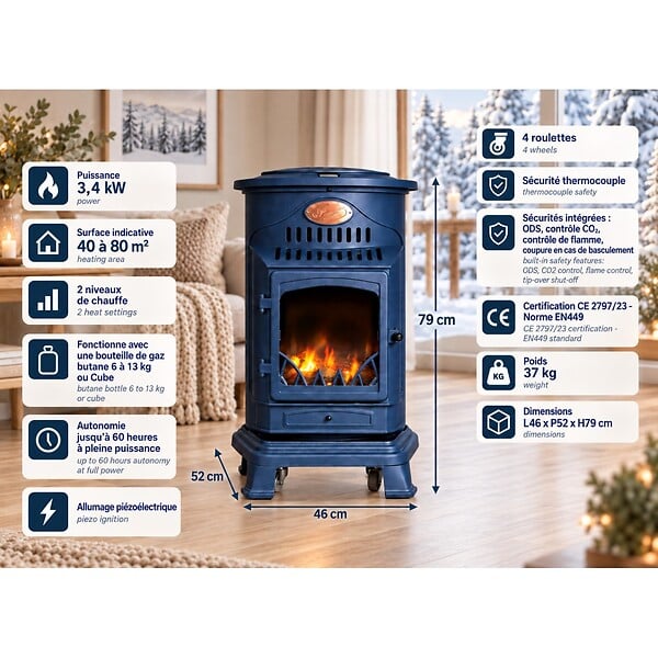 SAHARA - Pack de 2 Poêles à gaz Bleu Nuit Provence en fonte 3,4KW Effet feu de bois Chauffage d'appoint gaz sur roues Sahara - large