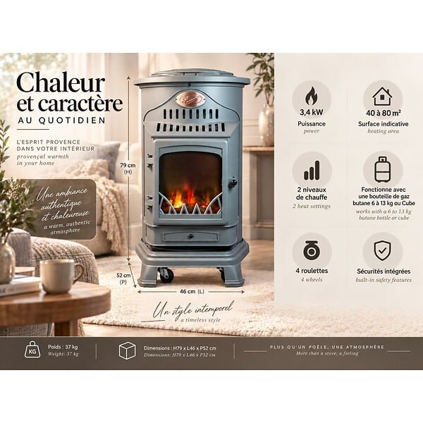SAHARA - Pack de 2 poêles à gaz Provence gris 3,4 kW en Fonte Effet feu de bois Chauffage d'appoint sur roulettes Sahara - large