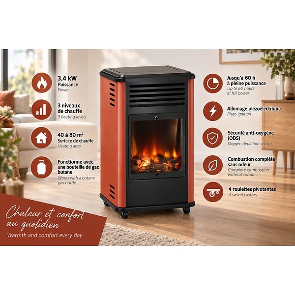 SAHARA - Pack 2 Poêles à gaz 3.4KW Manhattan Rouge Effet feu de bois 3 niveaux de chauffe 40-80m2 Sahara - large