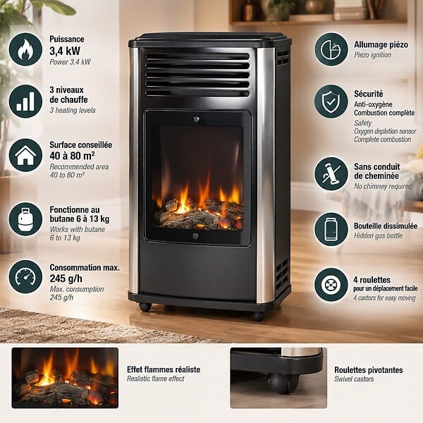 SAHARA - Pack 2 Poêles à gaz 3.4KW Manhattan Noir Effet feu de bois 3 niveaux de chauffe 40-80m2 Sahara - large