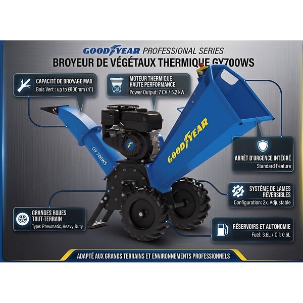 GOODYEAR - Broyeur de Végétaux Thermique 7CV 212 cm³, Coupe Ø100 mm max, 2 Lames Réversibles, Démarrage Manuel GOODYEAR - large