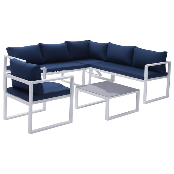 HAPPY GARDEN - Salon de jardin modulable IBIZA en tissu bleu 7 places - aluminium blanc - large