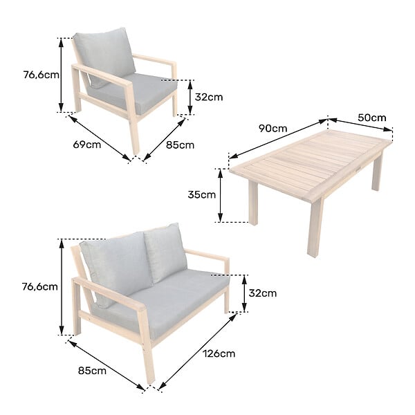 HAPPY GARDEN - Salon de jardin en acacia massif 4 places GILI - coussins gris - large