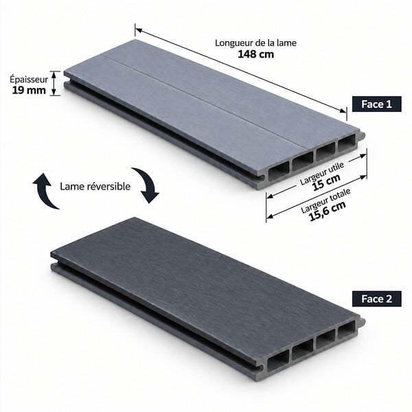 MCCOVER - Kit complet de départ/fin clôture en composite coextrudé 1,50 L x 1,80 H (lames réversible) Gris anthracite/ Gris clair, H : 180 cm, L : 150 cm - large