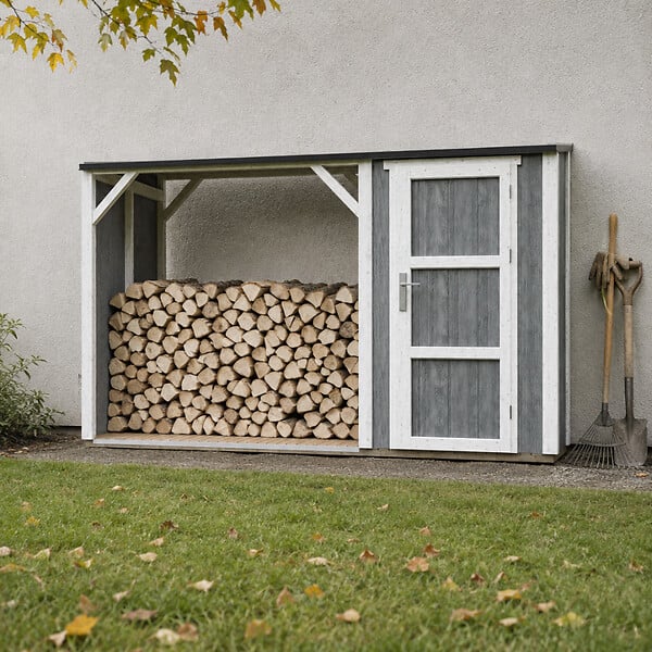 TIMBELA - Abri à bûches avec remise - l120 x L345 x H220 cm / 4,14 m² - Rangement extérieur pour bois de chauffage - TIMBELA M985 - large