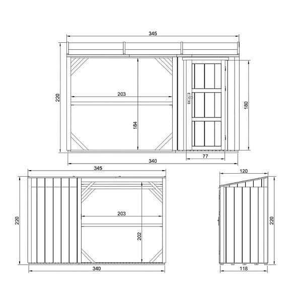 TIMBELA - Abri à bûches avec remise - l120 x L345 x H220 cm / 4,14 m² - Rangement extérieur pour bois de chauffage - TIMBELA M985 - large
