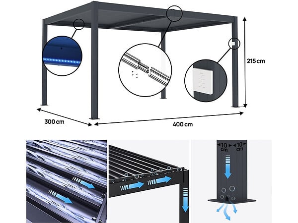 HABITAT ET JARDIN - Pergola bioclimatique motorisé avec led "Windsor" en aluminium 3 x 4 - Gris - large