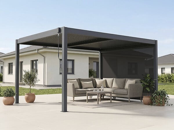 HABITAT ET JARDIN - Pergola bioclimatique avec led et store en aluminium "Windsor premium" - 3 x 4 m - Gris - large