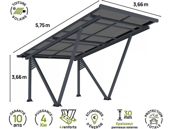 HABITAT ET JARDIN - Ombrière Carport solaire avec panneaux photovoltaïques - 366 x 575 x 366 cm - Gris - 4,1 kW - large