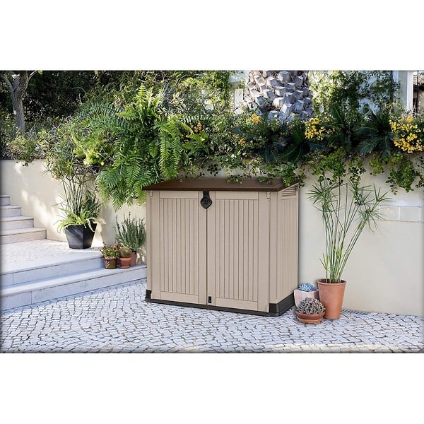KETER - Coffre de jardin 880L Résine Beige / Marron Abri de rangement extérieur pour 2 poubelles 120L 2 portes KETER - large