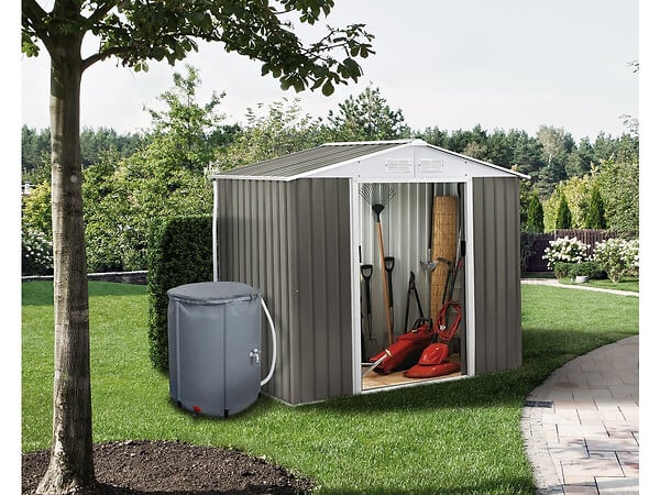 HABITAT ET JARDIN - Abri jardin métal "Dallas" - 5,29 m² avec gouttière et récupérateur d'eau - Taupe - large