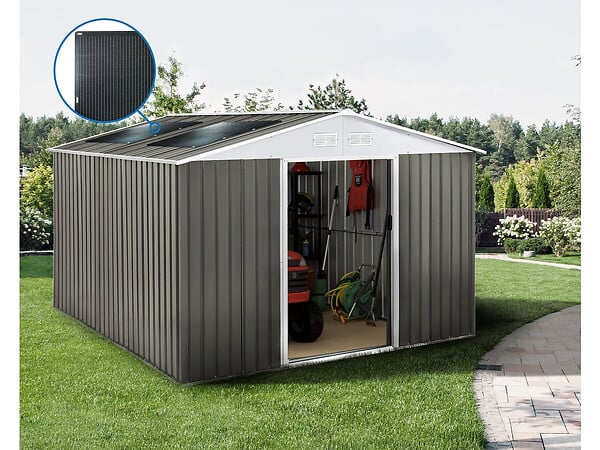 HABITAT ET JARDIN - Abri jardin métal "Dallas" - 12,99 m² avec panneaux solaires - Taupe - large