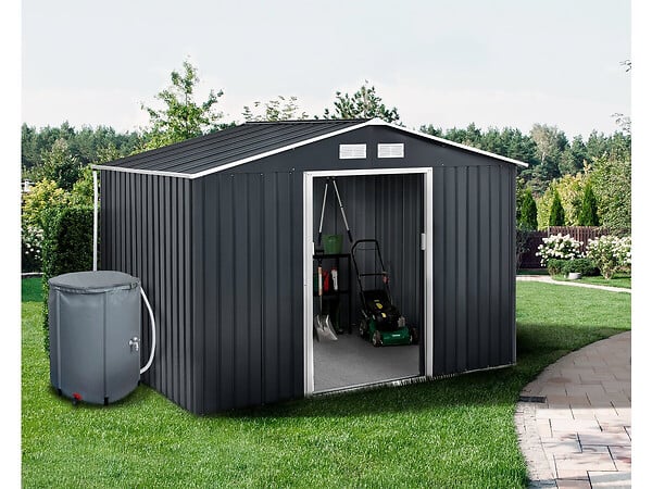 HABITAT ET JARDIN - Abri de jardin métal -"Vegas" - 7.06 m² avec gouttière et récupérateur d'eau - Gris - large