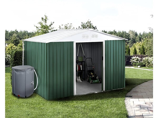 HABITAT ET JARDIN - Abri de jardin métal - "Rosas " - 7,06 m² avec récupérateur d'eau et gouttière - Vert - large
