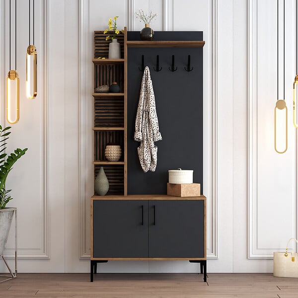 HABITAT ET JARDIN - Meuble d'entrée en bois "Viyana D" - 90 x 35 x 200 cm - Gris anthracite - large