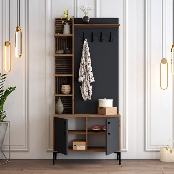 HABITAT ET JARDIN - Meuble d'entrée en bois "Viyana D" - 90 x 35 x 200 cm - Gris anthracite - large