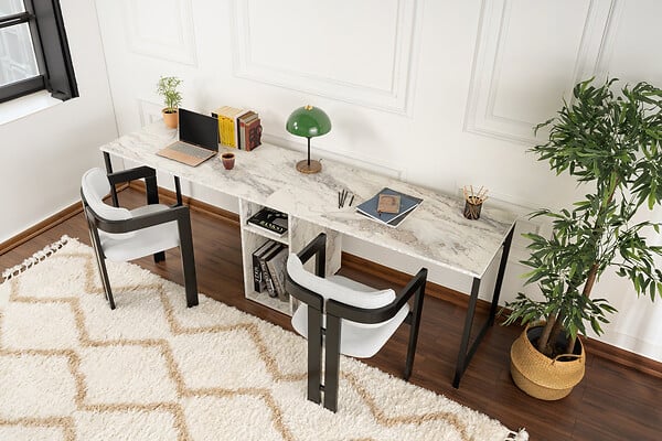 HABITAT ET JARDIN - Double bureau avec 2 étagères en bois "Twin" - 240 x 60 x 74 cm - Blanc marbré - large
