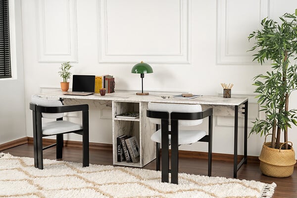 HABITAT ET JARDIN - Double bureau avec 2 étagères en bois "Twin" - 240 x 60 x 74 cm - Blanc marbré - large