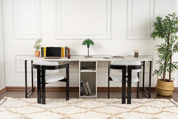 HABITAT ET JARDIN - Double bureau avec 2 étagères en bois "Twin" - 240 x 60 x 74 cm - Blanc marbré - large
